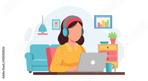 A young woman wearing headphones works on her laptop from home, creating a cozy and productive atmosphere with a couch, lamp, and colorful decor.