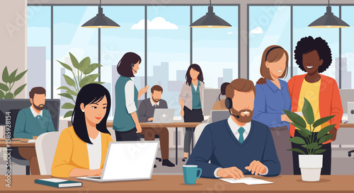 Diverse professionals collaborate and work diligently in a bright, contemporary open-plan office with large windows overlooking a city skyline.