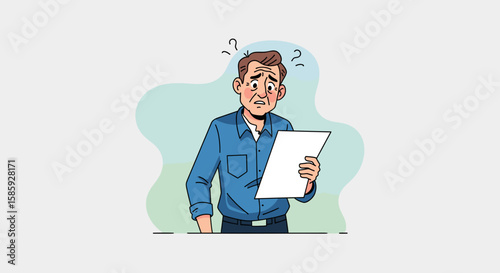 A concerned middle-aged man in a blue shirt looks at a blank paper, displaying confusion and worry against a light green and white background, representing stress.
