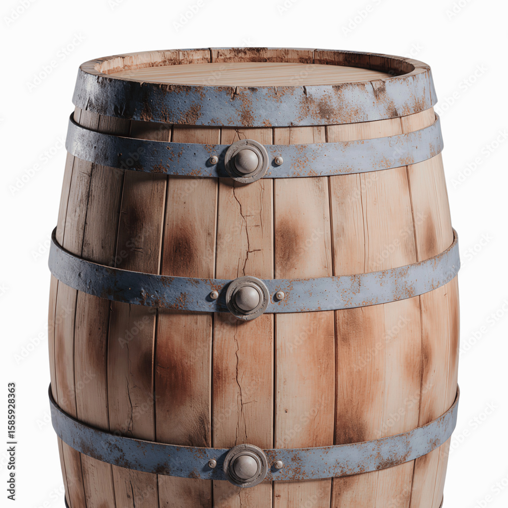 Fototapeta premium Classic Wooden Barrel: A beautifully crafted wooden barrel, its staves bound by weathered metal hoops, embodies rustic charm and the rich tradition of storage and aging. 