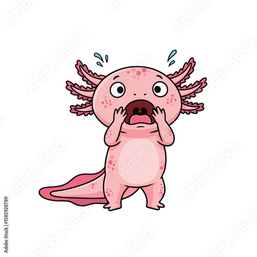 Cute cartoon axolotl with big eyes and fanned gills looks shocked and scared