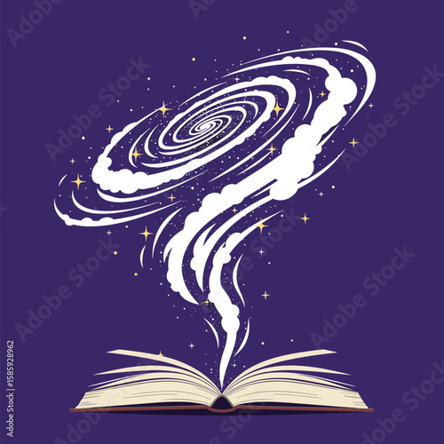 Open magic book unleashing swirling cosmic dust stars and galactic vortex energy
