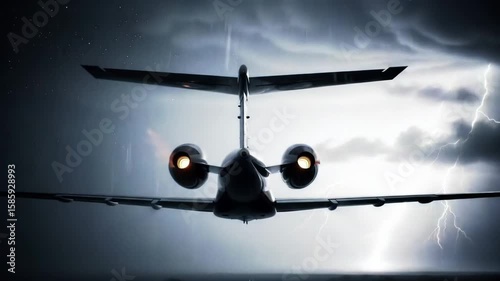 Airplane taking off during a lightning storm at night