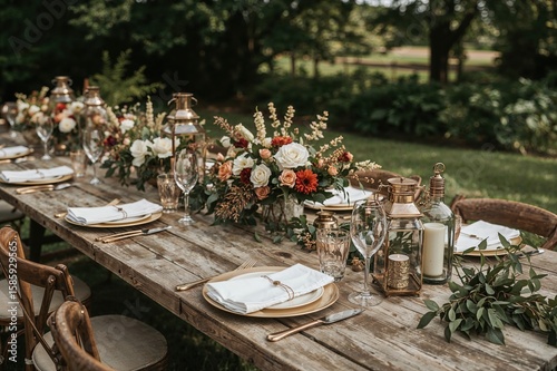 Elegant rustic wedding table setup with natural wood and floral arrangements for garden party reception
