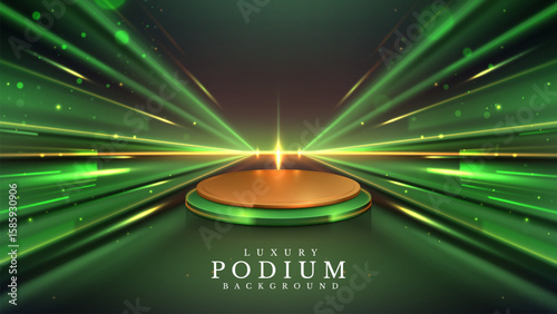 Golden empty podium with aurora beam effect decoration and light star. Luxury green background design concept for promotion beauty product and cosmetic or award ceremony scene.