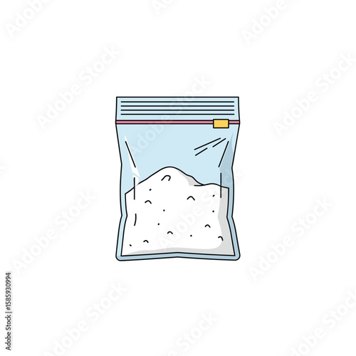 A clear plastic bag filled with fine white powder or granules isolated on a white background