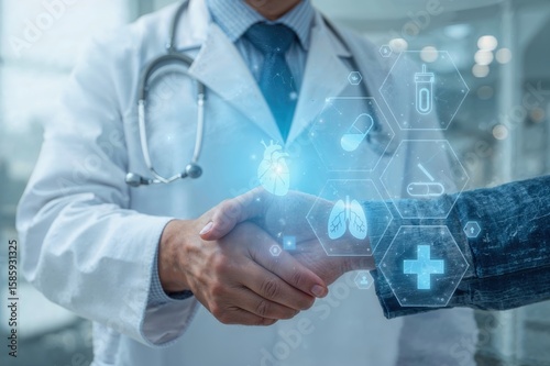 Doctor with digital health technology and medical icons perfect for healthcare innovation and telemedicine concepts

