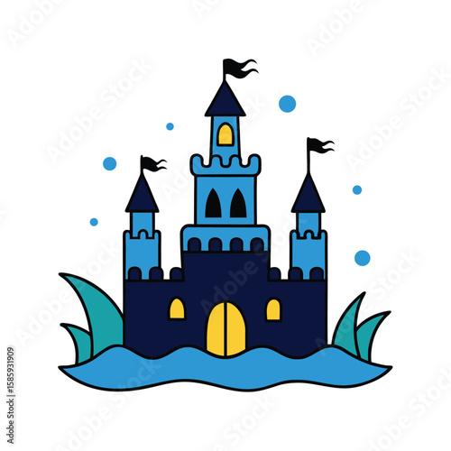 underwater castle doodle style on white