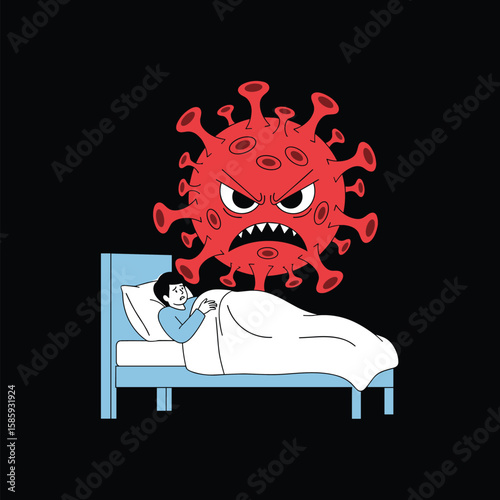 Fearful person troubled by aggressive virus threat while lying in bed