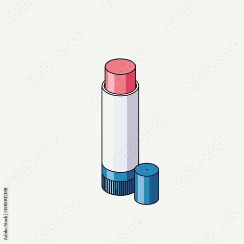 A helpful pink lip balm stick with its blue cap resting beside it on a light background