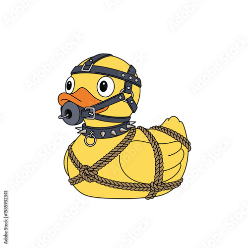 Humorous yellow duck character dressed in playful bdsm inspired gear and accessories