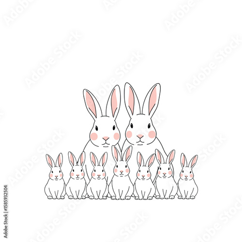 Adorable family of fluffy white bunnies with pink ears and noses captured in a charming illustration