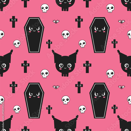 Cute kawaii gothic halloween coffin skull cat cross pattern