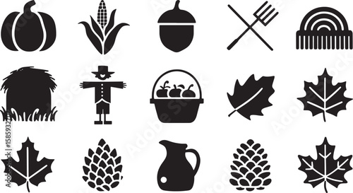 Autumn Harvest Icons Set A Collection of Fall Season Symbols Pumpkin Corn Acorn Rake Haystack Scarecrow Basket Leaves Pinecone Pitcher