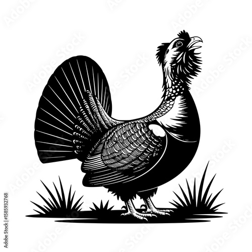 Western Capercaillie: A striking monochrome illustration depicts a majestic capercaillie, its detailed plumage and powerful stance rendered in bold ink, conveying strength and wildness.
