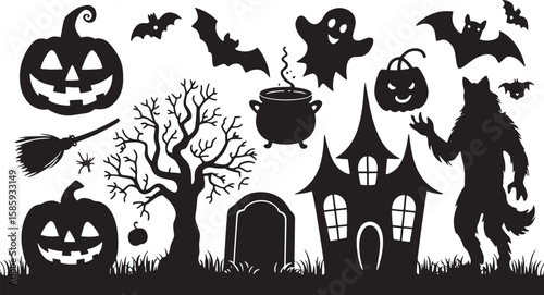 Eerie Halloween Night Silhouettes A Haunting Collection of Bats Pumpkins Ghosts and a Werewolf Against a Transparent Backdrop