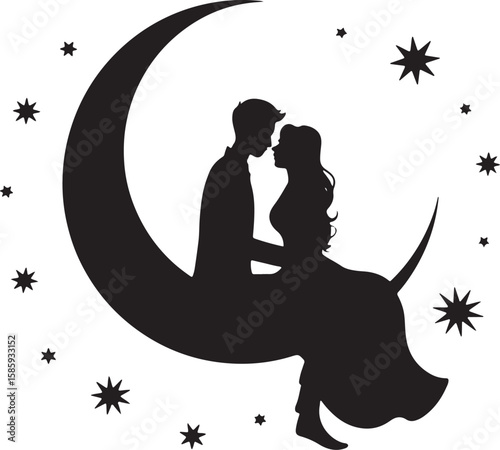 Couple embracing on crescent moon surrounded by stars embrace night sky