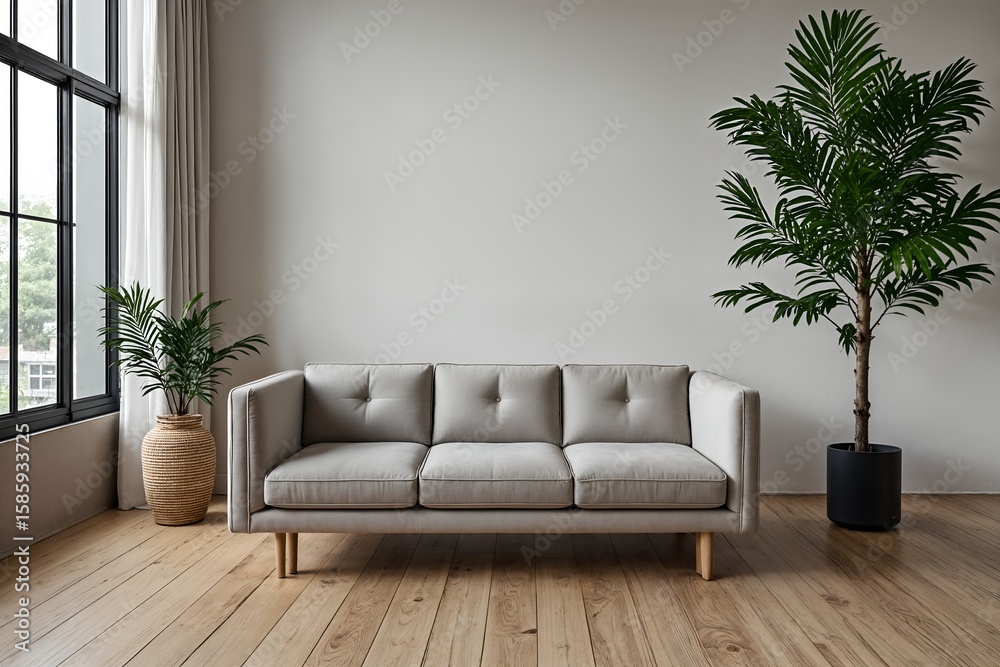 Fototapeta premium A hyper-realistic studio shot of a single, modern three-seater sofa with light grey fabric upholstery