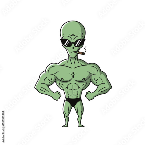 Muscular alien character smoking a cigar wearing sunglasses and a speedo flexing muscles cool and confident
