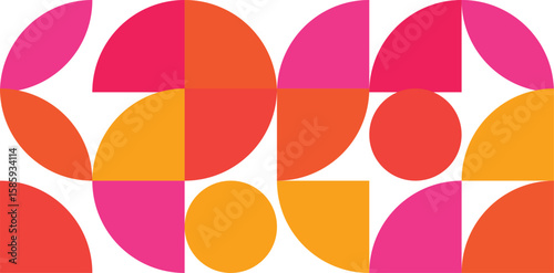 Geometric pattern, retro design, vibrant colors, orange yellow purple, quarter circles, abstract composition, vintage style, symmetrical layout, mid-century modern, minimalist shapes,	
