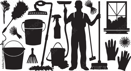 Silhouette Cleaning Service Professional with Tools and Equipment for Home Hygiene and Janitorial Work in Vector Format