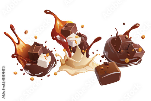 Photorealistic Chocolate Splashes Vector Icon Set. Realistic Melted Sweet Sauce with Gradient Mesh Shading