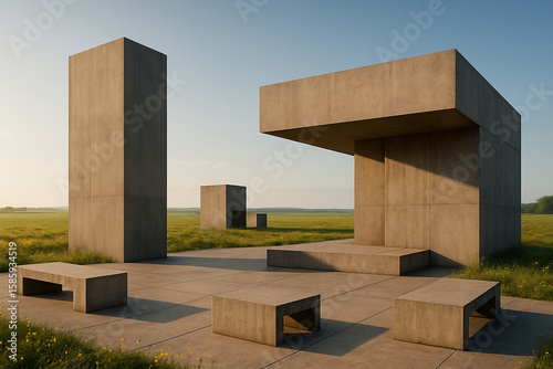 Brutalist architectural renderings, where concrete merges with natural landscapes.