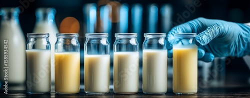 Horizontal banner with gloved hands labeling milk test tubes, blurred lab instruments and milk bottles behind