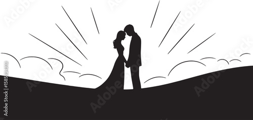 Couple embracing under radiating lines and clouds wedding couple silhouette