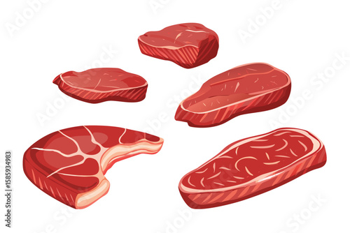 Photorealistic Steak Cuts Vector Icon Set. Realistic Grilled Ribeye, Sirloin, and T-Bone with Gradient Mesh Shading