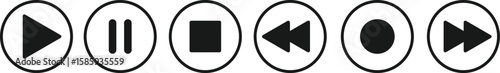 Media Control Icon Set – Circular Silhouettes Depicting Play, Pause, Stop, Record, Rewind, and Fast Forward Symbols in Minimalist Black on White Background