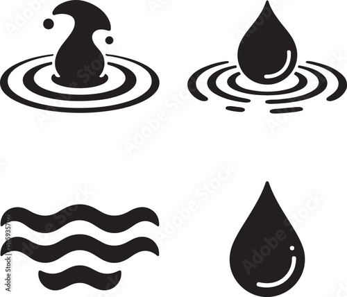 Four black water drop and wave icons ripple splash