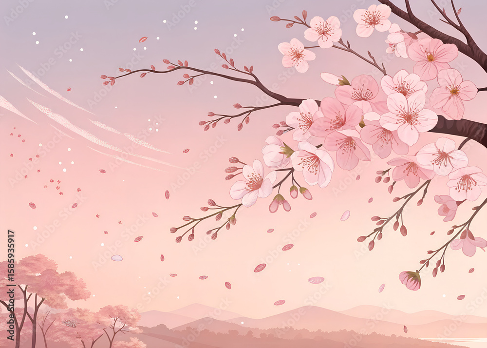 Fototapeta premium Minimal anime background, cherry blossoms falling, soft pink sky generative ai 