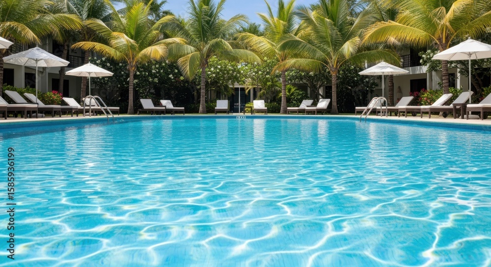 Fototapeta premium Inviting blue swimming pool with gentle ripples surrounded by palms and comfortable recliners.