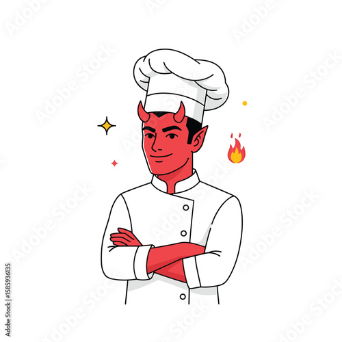 Demonic chef with fiery flair and culinary charms in white uniform