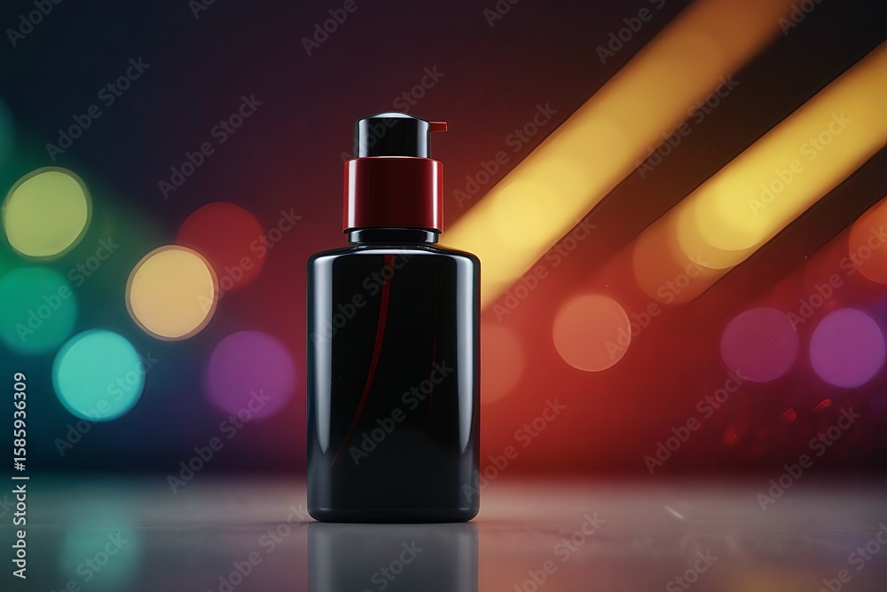 Naklejka premium Sleek Black Cosmetics Bottle with Bokeh Background.