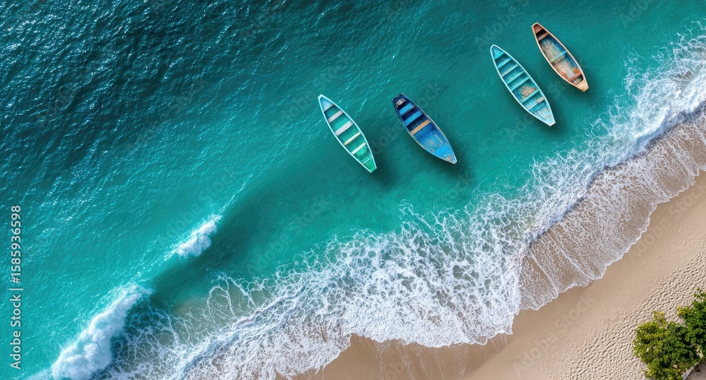 Fototapeta premium Colorful boats on the blue sea, aerial view, drone shot, top-down view, surfboard in ocean waves