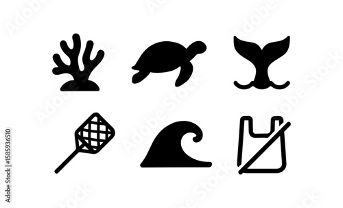 Minimalist ocean conservation icons: marine life and environmental awareness