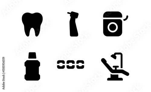 Dental care icons: tooth, brush, floss, mouthwash, braces, chair in silhouette style