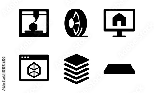 3d printing icons: filament, printer, and software symbols in monochrome style