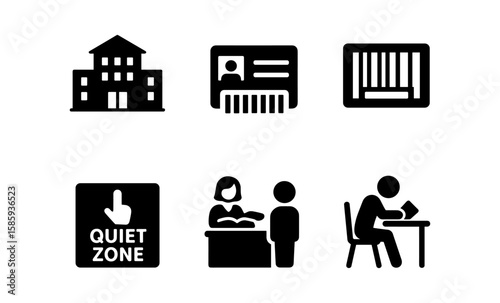 Library icons: building, id, bookshelf, quiet zone, assistance, study