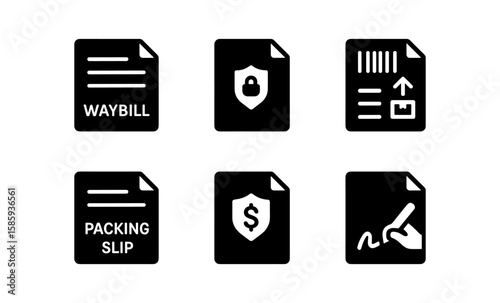 Black document icon set for shipping and security: waybill, packing slip, and more