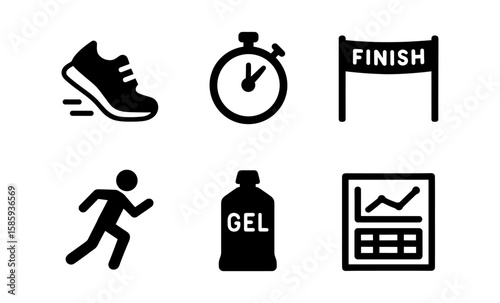 Minimalist marathon icons: running, stopwatch, finish line, and nutrition