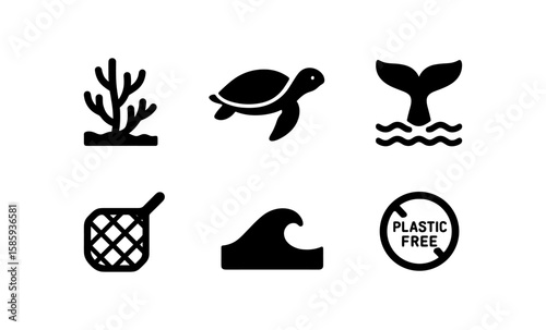 Ocean conservation icons: marine life, eco-friendly designs, minimalist black silhouettes