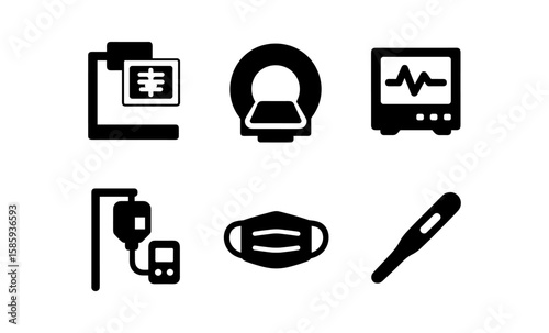Medical icon set: mri scan, x-ray display, heart monitor, mask, thermometer, iv drip