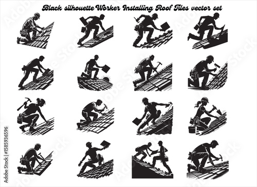Roofer Silhouette Installing Tiles on Sloped Roof with Hammer – Vector Construction Worker