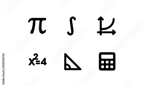 Mathematics icons set: symbols for equations, calculations, and graphs