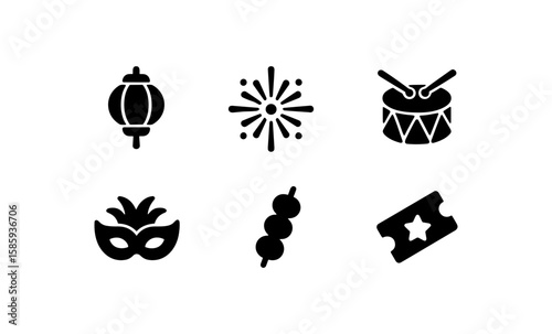 Festival icon set: lantern, firework, drum, mask, skewer, ticket in modern silhouette design