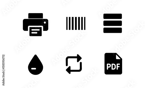 Essential black icons: print, barcode, database, water, sync, pdf