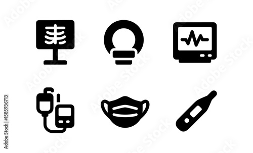 Essential medical icons: healthcare equipment and tools in bold silhouette design